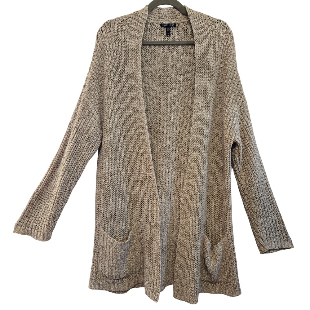 Eileen Fisher Organic Cotton Open Front Cardigan Sweater Beige M Longline Pocket